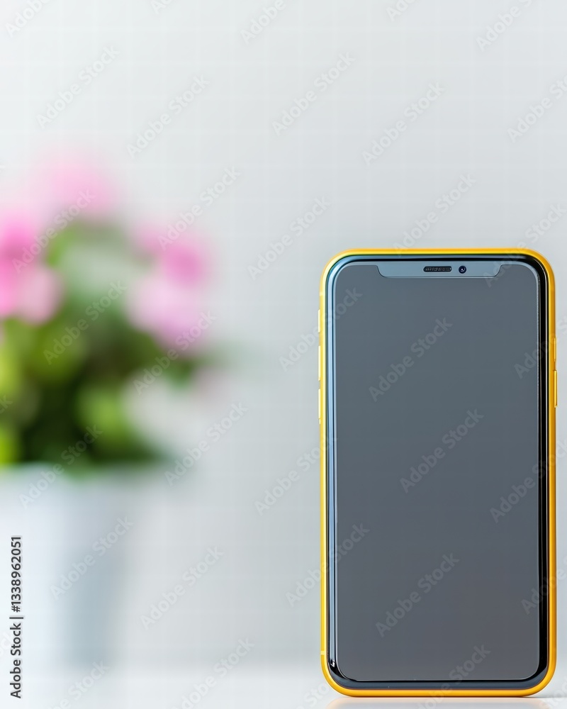 Poster close-up of a modern cell phone displayed on a clean surface highlighting its sleek design features