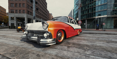 Classic 1950s Car Parked in a Modern Urban Cityscape