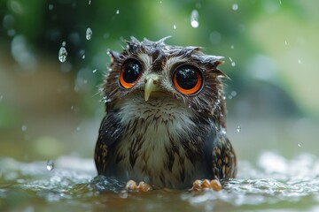 A soaked owl with large, bright orange eyes stands in water as raindrops fall, creating a dramatic and adorable scene.