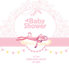baby shower ceremony card with sleeping pink bunny