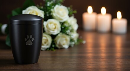 Black metallic mortuary cremation urn with pet ashes adorned with white roses bouquet on wood tabletop and candles glowing softly in backdrop, funeral ceremony service, tribute to pet, cat, dog