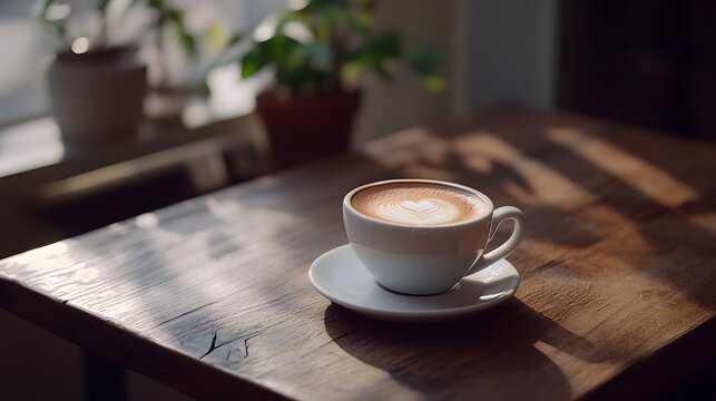 Latte Art Coffee Cup On Wooden Table - Powered by Adobe