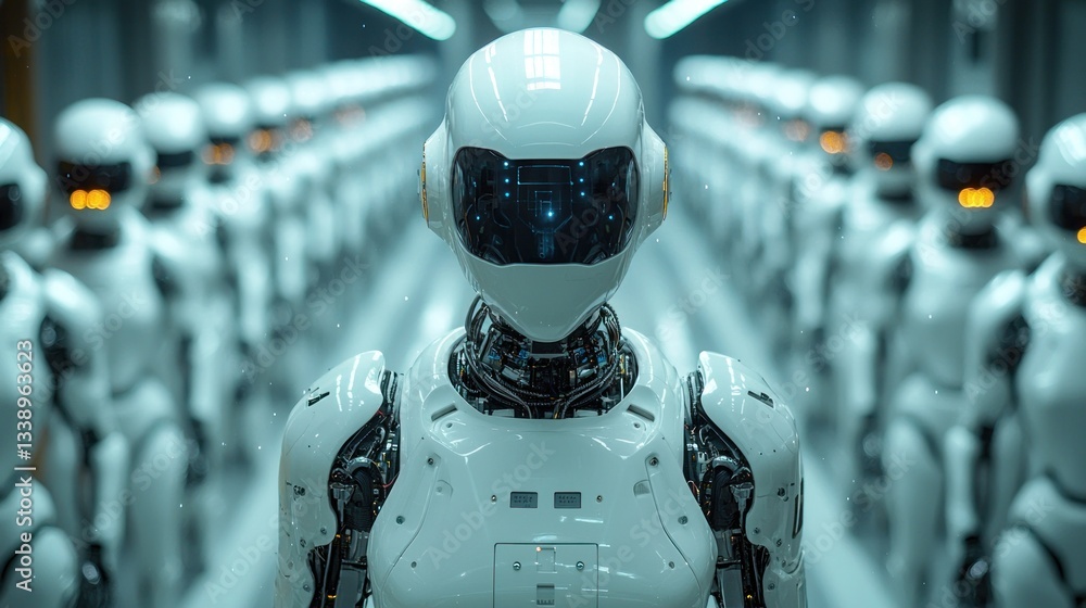 Poster futuristic robot army standing in a line.