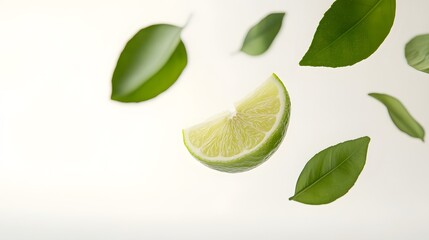 Lime wedge falling with green leaves