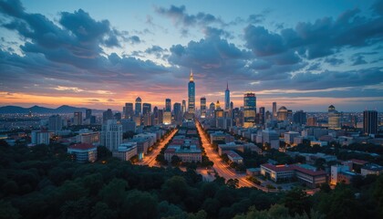 Naklejka premium Gorgeous Cityscape at Dusk with a Bright Skyline and a Background of Illuminated Roads