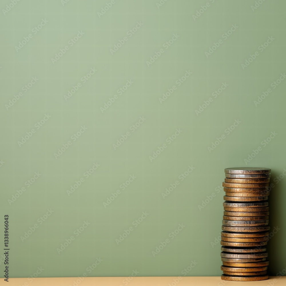 Poster a neatly stacked pile of coins resting on a table surface symbolizing wealth and financial growth