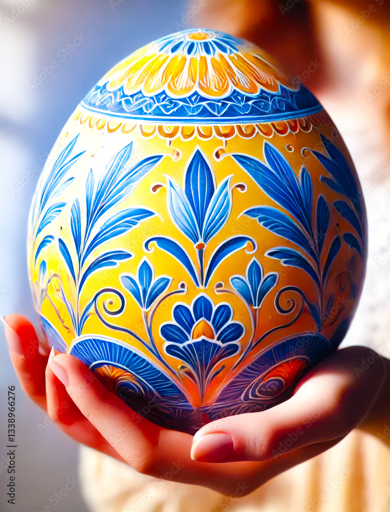 Poster colorful handcrafted ceramic easter egg with intricate floral patterns displayed by a person in a br