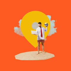 Corporate traveler in shirt and tie, holding laptop and beach volleyball, standing on abstract sand island under digital location pin. Concept of hybrid work, business trip with leisure escape.