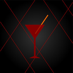 A red wine glass with an orange straw on a black background