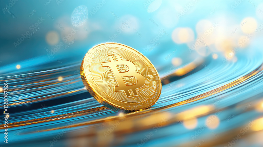 Poster visualizing bitcoin gold coin surrounded by virtual data streams digital environment illustration cy