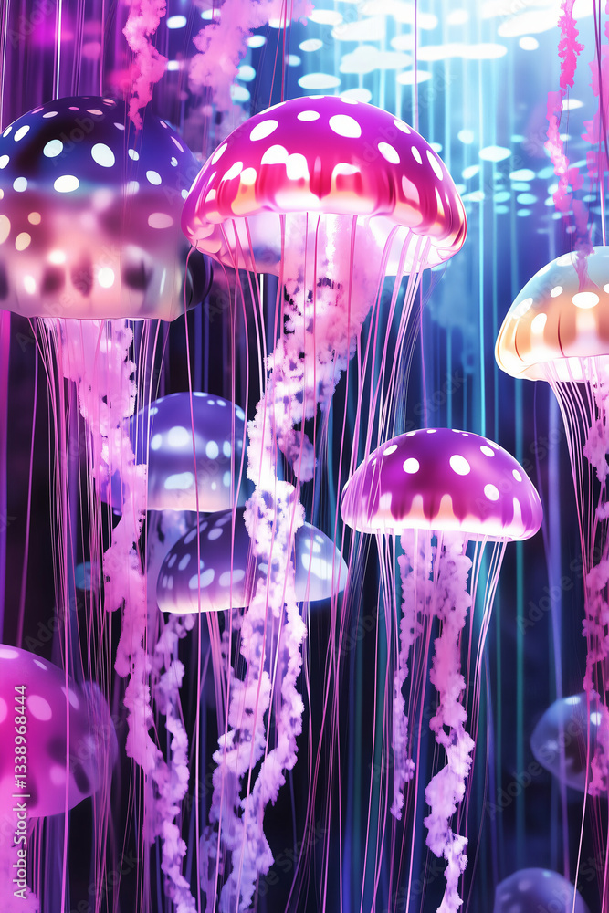 Poster luminous jellyfish: a mesmerizing collection of jellyfish, illuminated with vibrant hues and delicat