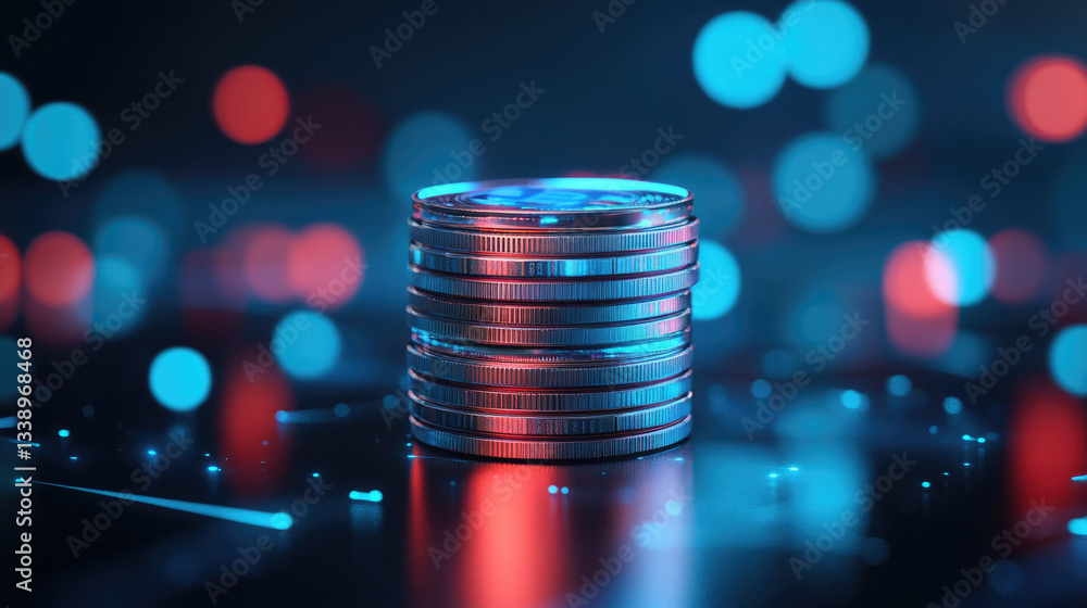 Poster visualize cryptocurrency coin stack glowing holographic interface illustration in a digital environm