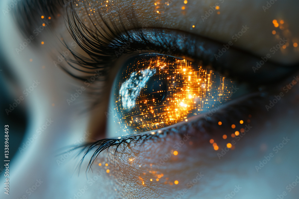 Poster vision of tomorrow: a close-up shot of a human eye with a network of sparkling lights within, sugges