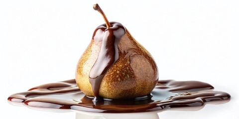 Fototapeta premium Luscious Chocolate Drizzled Pear: Isolated Gourmet Fruit Photography
