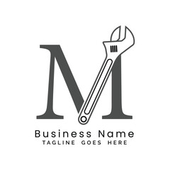 Letter M Wrench logo. Alphabet M Plumber and Maintenance Icon