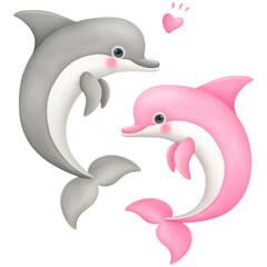 Obraz premium Two playful dolphins, one gray and one pink, swim together with hearts above them, expressing joy and affection