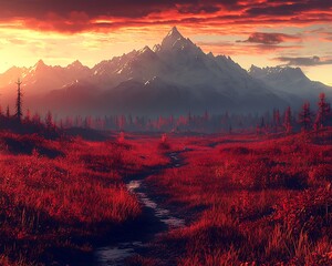Mountain and river landscape in sunset with sky views