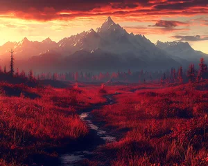 Mountain and river landscape in sunset with sky views
