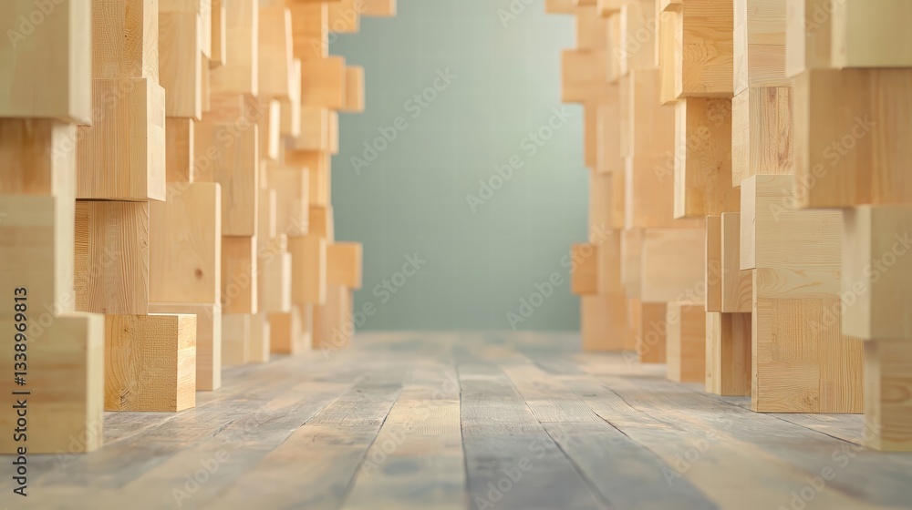 Poster rustic wooden floor covered with assorted wooden blocks creating a playful and textured surface