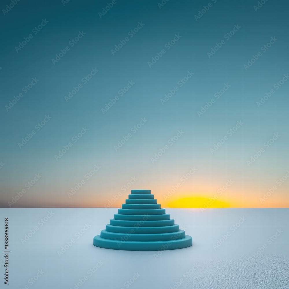 Poster geometric pyramid structure composed of multiple blue blocks arranged neatly on a white surface
