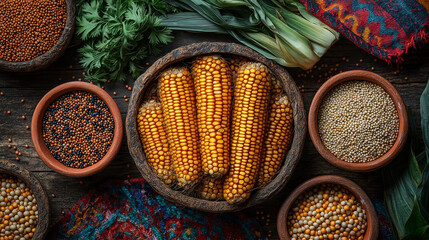 Andean Corn and Seeds Display for Inti Raymi Festival, Ai Generated images.