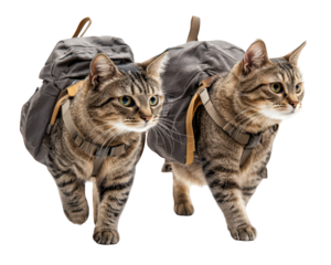 Adventurous cats exploring together with backpacks, showcasing curiosity and playfulness. These feline friends are ready for exciting journey