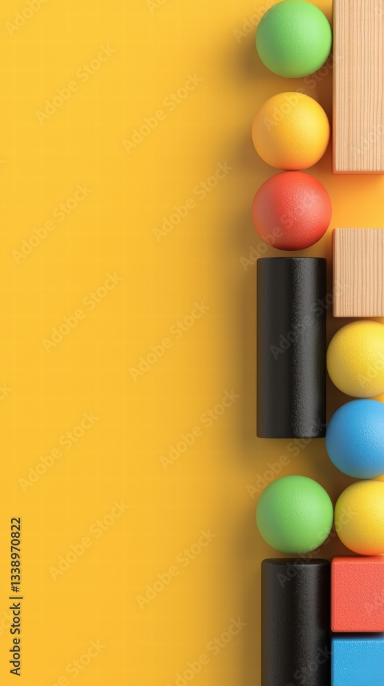Poster a wooden block displaying a collection of colorful balls in various sizes on a simple background