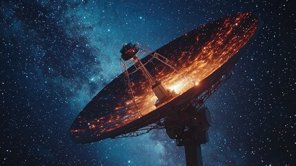 A large radio telescope pointed toward the night sky full of stars