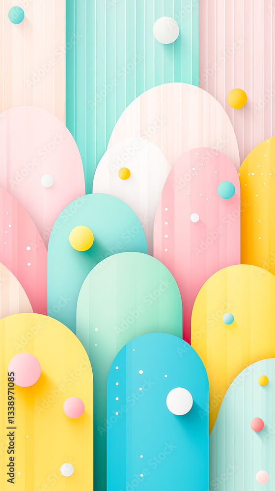 Poster vibrant abstract composition showcases overlapping shapes and spherical elements in soothing pastel 