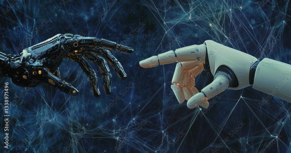 Poster two robotic hands reaching towards each other on digital network background
