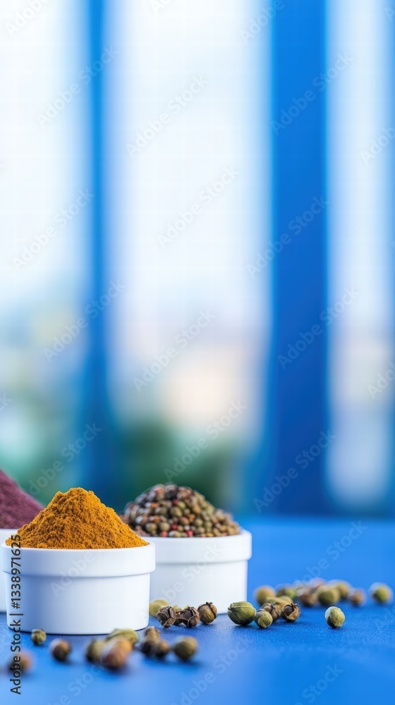 Poster an elegant display of assorted spices in colorful containers ready for culinary use in the kitchen