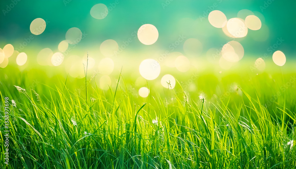 Poster bright green grass shines under sunlight with soft bokeh effects in the background