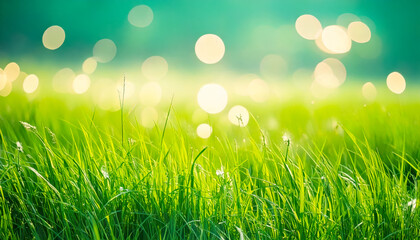 Fototapeta premium Bright green grass shines under sunlight with soft bokeh effects in the background