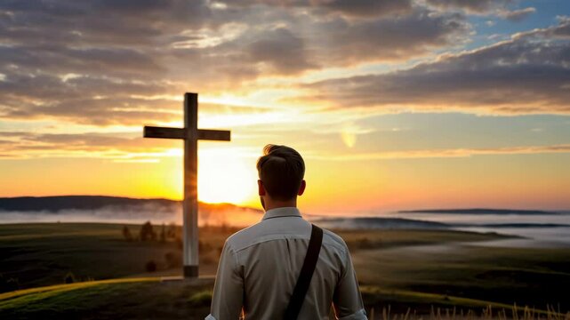 Missionary faithful man walking through a field at sunset taking the Word of God 4K