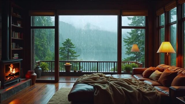 cozy cabin with fireplace rain, cozy cabin rain , cozy rain ,