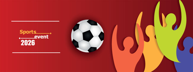 Soccer banner 26, bright colors, vector illustration. Sports competitions in USA, Canada and Mexico 2026