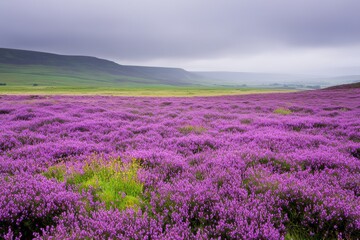 Vibrant lavender field under cloudy sky, lush purple blossoms stretching across landscape, perfect for nature themes and relaxation.