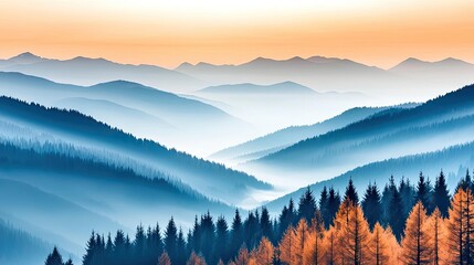 Misty mountains scenic view landscapes idea. Tranquil mountain landscape with layered hills and autumn foliage at sunset.