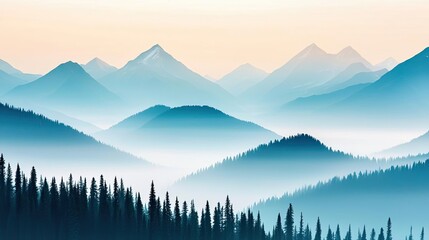 Obraz premium Misty mountains scenic view landscapes idea. Serene mountain landscape with misty layers and tranquil forest in the foreground.