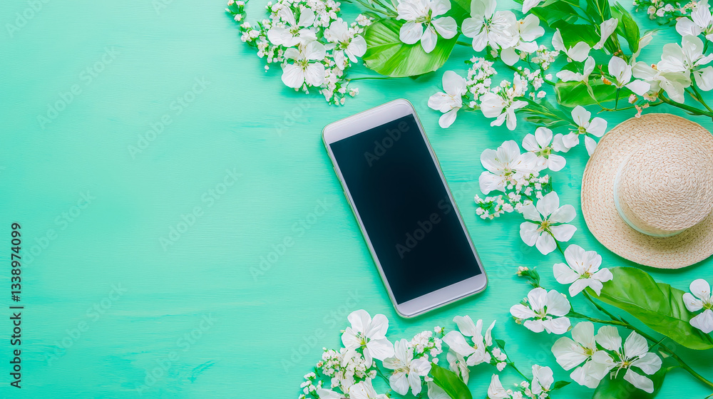 Aufkleber bright smartphone surrounded by flowers and a straw hat set against a teal background in a springtim