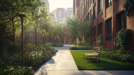 Obraz premium Lush greenery modern building exterior bright daylight high resolution picture