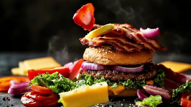 Exploding deconstructed bacon burger with ingredients floating in mid-air