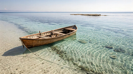 Naklejka premium Tranquil Wooden Boat Anchored in Crystal Clear Water Under Bright Blue Sky
