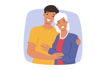Happy son hugs smiling elderly mother, demonstrating unity of generations and caring for family. Elderly lady with adult grandson, for concept of good relationship between loved ones