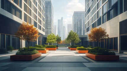 Modern corporate courtyard greenery glass facade design high resolution picture