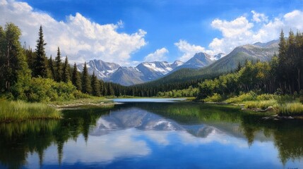 Fototapeta premium Mountain lake reflection, summer sky, peaceful nature scene, travel postcard