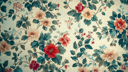 Colorful floral pattern features a mix of blossoms and leaves on a light backdrop, evoking a vintage textile design feel