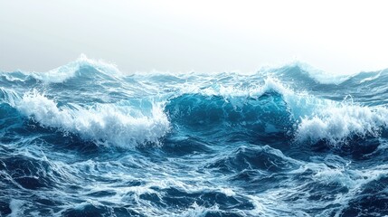 The ocean waves rolling and breaking across a bright blue surface