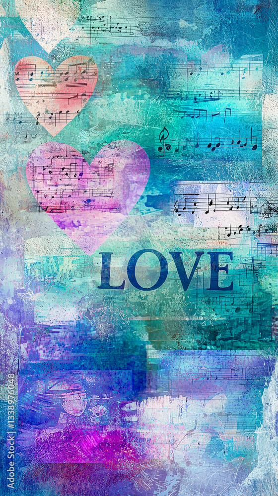 Aufkleber colorful abstract art displays two hearts intertwined with musical notes, emphasizing the theme of l