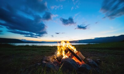 Obraz premium Campfire lake sunset nature landscape